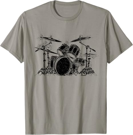 Gray t-shirt with black drum set graphic on a white background