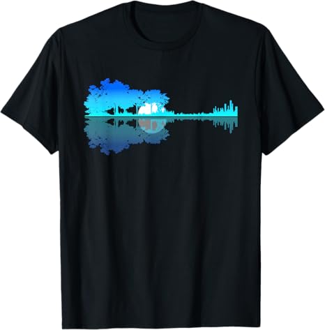Black t-shirt with a blue and green graphic design on a white background