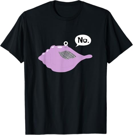 Black t-shirt with a purple conch shell graphic and speech bubble on a white background