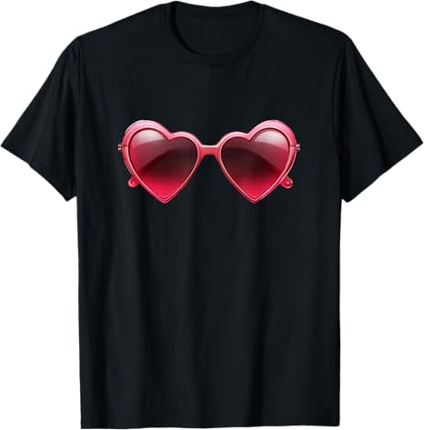 Black t-shirt with red heart-shaped sunglasses graphic on a white background