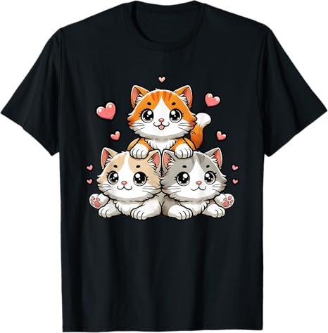 Black t-shirt with cartoon cats design on a white background